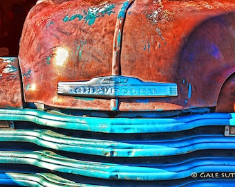 Old Rusty Chevy Truck, Fine Art Photo, Chevy Truck Grill, Retro, Old Car Art,  Rusty Truck, Red, Blue, Chrome, Art for Walls, Man Cave Art