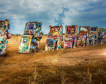 Cadillac Ranch, Route 66, Fine Art Photo, Panoramic, Kitsch, Buried Cadillacs, Texas, Retro, Retro Roadside, Art for Walls, Old Route 66 Art