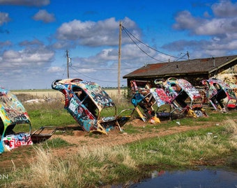 Route 66, Fine Art Photo, Beetle Ranch, Texas, Painted VW Bugs, Rt. 66 Art, Art for Walls, Multi-Colored, Retro Art, Gift for Men, Metallic