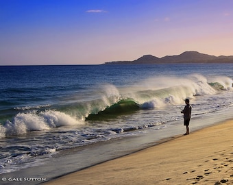 Man Fishing on Beach, Fisherman, Sunset, Ocean, Fine Art Photo, Gift for Men,Blue, Sand, White, Fishing Photo, Beach, Art for Walls, Travel