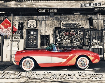 Route 66 - 57 Corvette - Classic Car Photo - Classic Car Art - Southwest - Old General Store - Retro - Pop of Color - Gift for Men