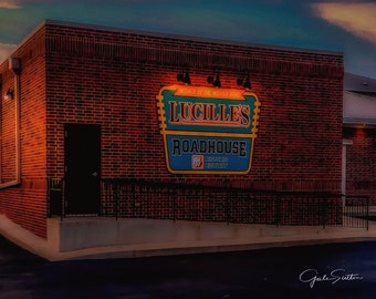 Lucille's Roadhouse, Route 66, Rt 66 Roadhouse, Oklahoma, Twilight, Fine Art Photography, Retro, Retro Roadside, Red, Blue, Art for Walls