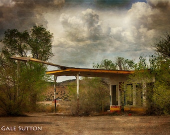 Old Gas Station, Fine Art Photo, Route 66 Art, Retro, Green, Brown, Yellow, Retro Art, Gift for Guys, Art for Walls, Grunge, Southwest Rt 66