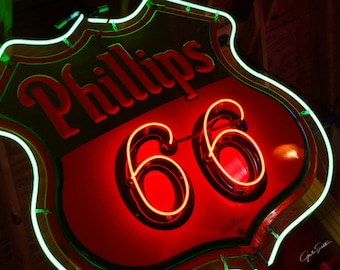 Fine Art Photo, Retro Art, Route 66 Art, Neon Phillips 66 Sign, Vintage Roadside, Man Cave, Art for Walls, Red, Green, White, Gifts for Guys