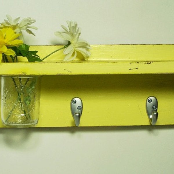 Shabby Chic shelf  2 key hooks with floral wall vase,vintage, wood, distressed, home decor, country style, painted Late Day Sun