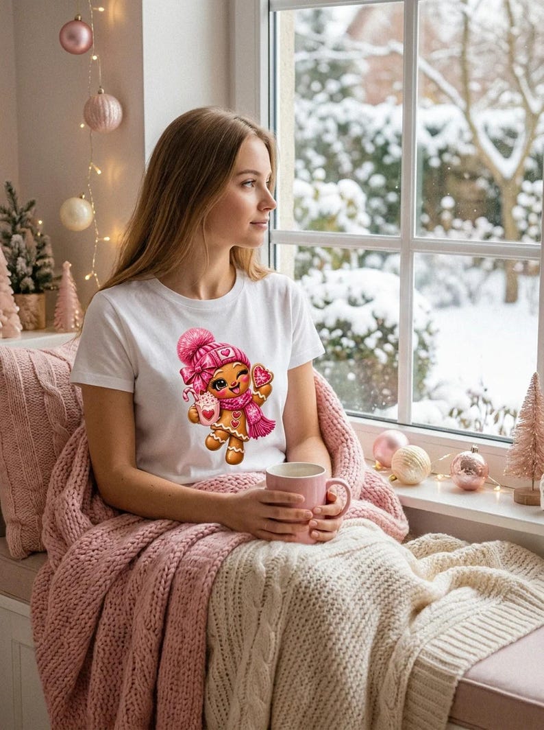 Op de afbeelding: Een wit t-shirt met korte mouwen en een afbeelding van een glimlachende peperkoekfiguur met een roze gebreide muts en sjaal, die een roze mok en een hartvormig koekje vasthoudt, met roze wangen en een roze strik.
