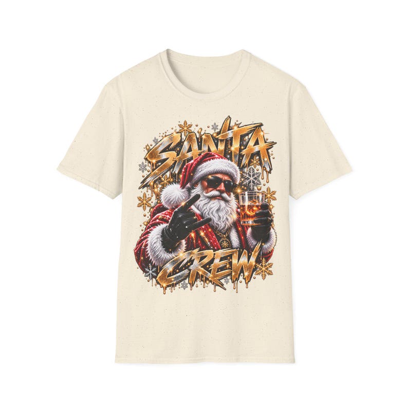 Santa Crew Shirt, Santa Claus with Drink Christmas Shirt Gold for Men image 6