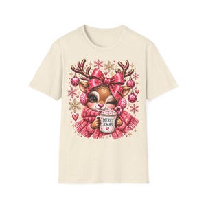 Merry Xmas Reindeer Shirt Pink, Cute Christmas Shirt for Women with Bow image 6