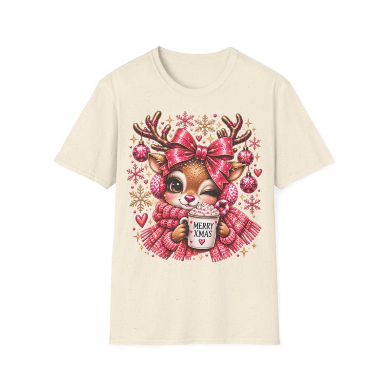 Merry Xmas Reindeer Shirt Pink, Cute Christmas Shirt for Women with Bow image 6