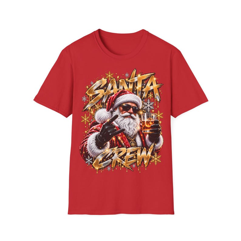 Santa Crew Shirt, Santa Claus with Drink Christmas Shirt Gold for Men image 3
