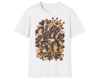 Shirt Hello 50th Birthday Women, Gift for 50th Birthday, Black Gold with Crown