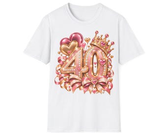 Women's 40th Birthday Shirt with Crown, Heart Balloons, and Bow - Pink Gold Design, 40th Birthday Gift