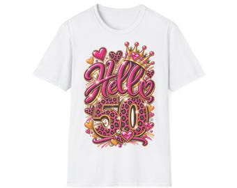 Geburtstagsshirt Hello 50 Pink mit Leo Muster und Krone, Geschenk Frauen