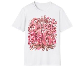 Shirt Sweet 16 Birthday Girl, Gift for a 16th Birthday Girl, Crown & Pink Bow