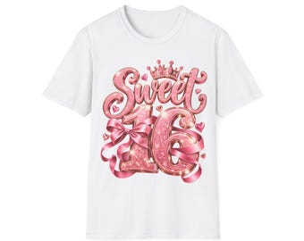 Geburtstagsshirt Sweet 16 mit rosa Schleife und Krone, Geschenk Mädchen