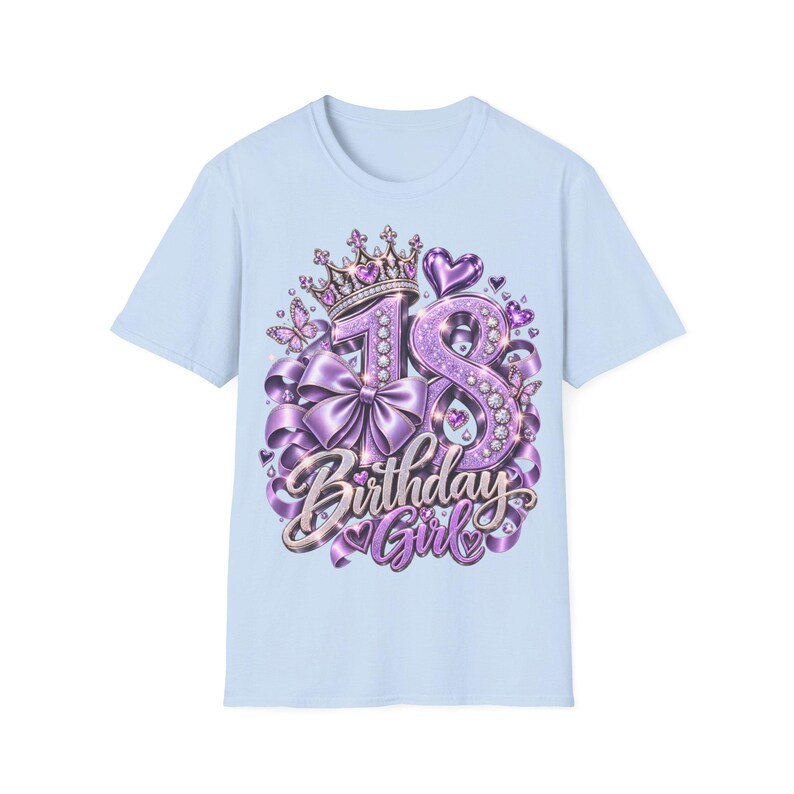 Camiseta de cumpleaños para niña de 18 años en color morado con corona, lazo y mariposas, regalo para niña de 18 años. imagen 5
