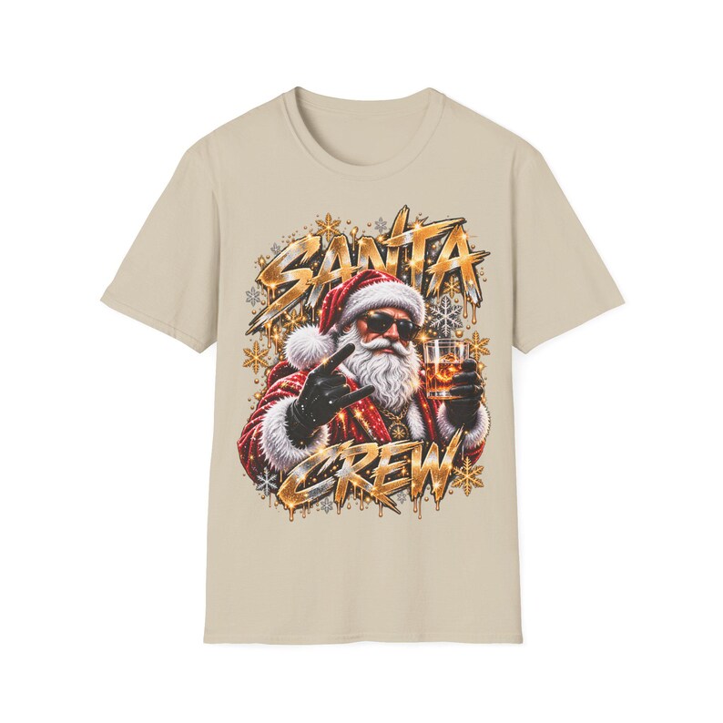 Santa Crew Shirt, Santa Claus with Drink Christmas Shirt Gold for Men image 4