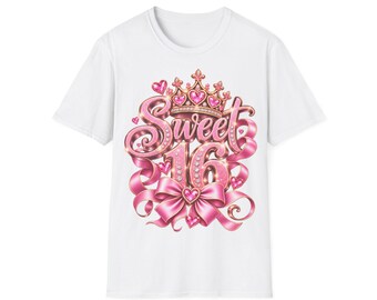 Sweet 16 Shirt for Girls' Birthday, 16th Birthday Shirt with Crown, Bow, and Hearts, T-Shirt Gift for a 16th Birthday