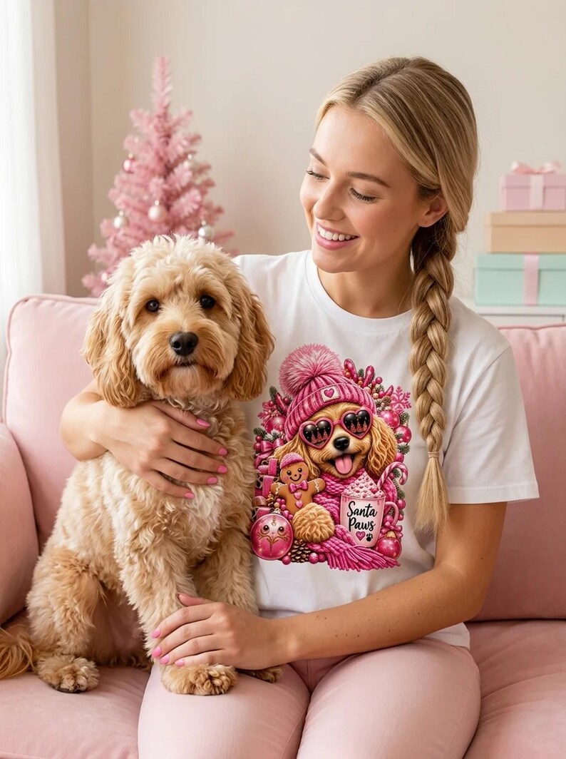 Santa Paws Hunde Shirt Pink, Weihnachtsshirt für Hundemama mit Herzbrille imagen 1