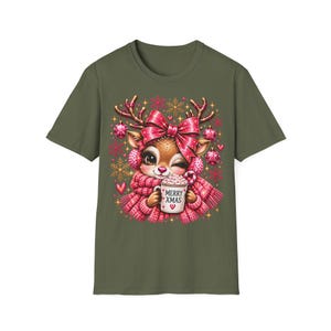Merry Xmas Reindeer Shirt Pink, Cute Christmas Shirt for Women with Bow image 3
