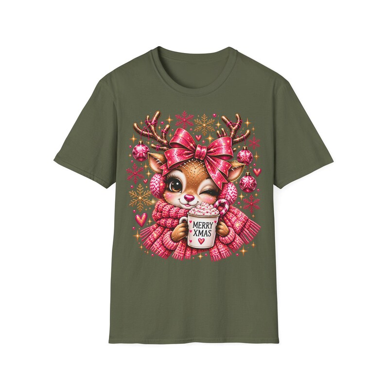 Merry Xmas Reindeer Shirt Pink, Cute Christmas Shirt for Women with Bow image 3