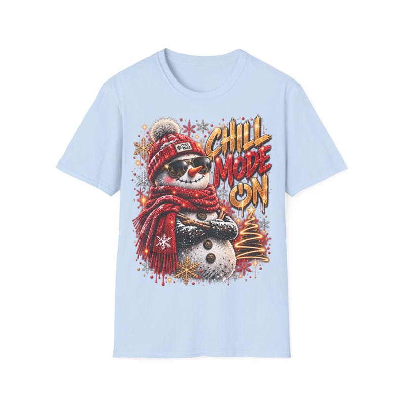 雪だるまTシャツを着てリラックス、サングラスをかけたカジュアルなクリスマスシャツ 画像 5