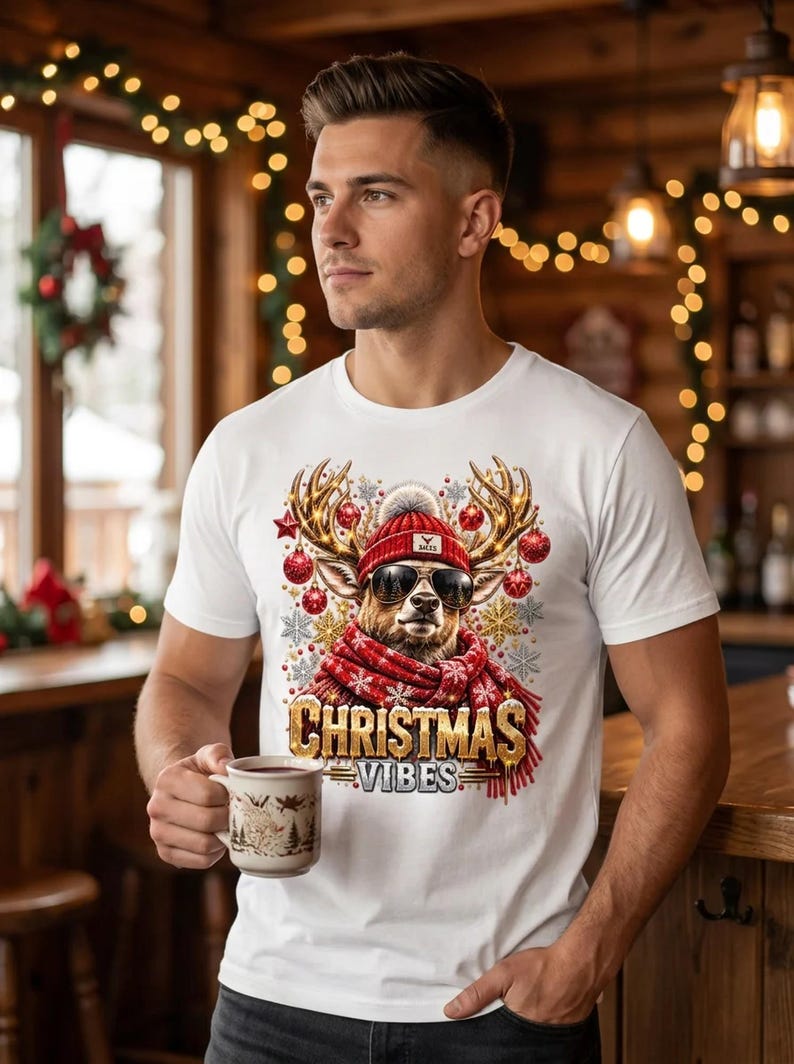 Christmas Vibes Hirsch Shirt, Cooler Hirsch mit Sonnenbrille Weihnachtsshirt Bild 1