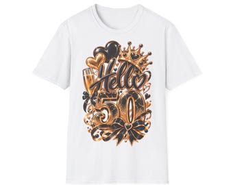 Hello 50th birthday shirt, gold & black T-shirt with crown, 50th birthday gift for women
