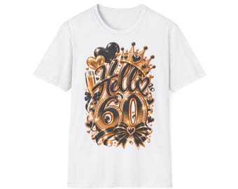 Hello 60th birthday shirt, gold & black T-shirt with crown, 60th birthday gift for women