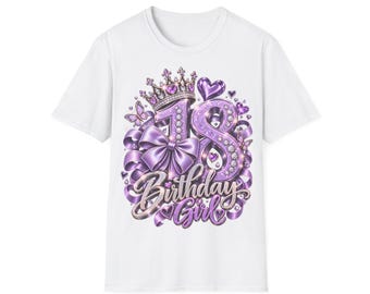 Birthday Girl 18 Shirt in Purple with Crown, Bow & Butterflies, Gift for 18th Birthday Girl