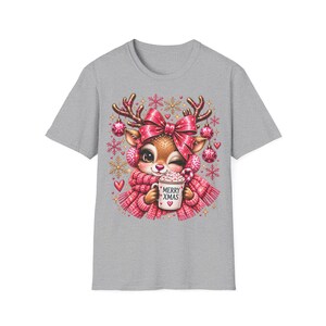 Merry Xmas Reindeer Shirt Pink, Cute Christmas Shirt for Women with Bow image 5