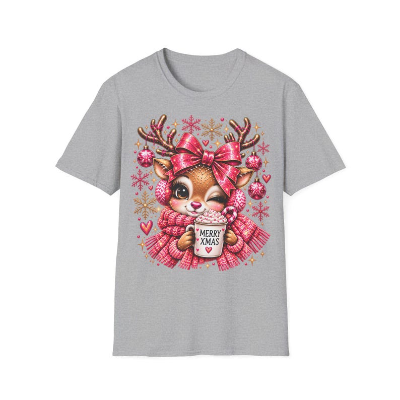 Merry Xmas Reindeer Shirt Pink, Cute Christmas Shirt for Women with Bow image 5