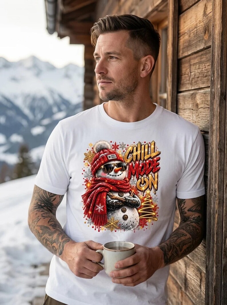 雪だるまTシャツを着てリラックス、サングラスをかけたカジュアルなクリスマスシャツ 画像 1