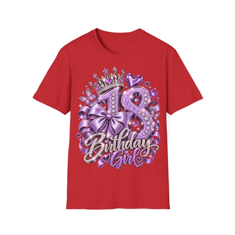 Camiseta de cumpleaños para niña de 18 años en color morado con corona, lazo y mariposas, regalo para niña de 18 años. imagen 6