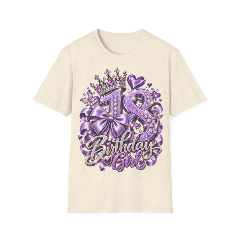 Camiseta de cumpleaños para niña de 18 años en color morado con corona, lazo y mariposas, regalo para niña de 18 años. imagen 3