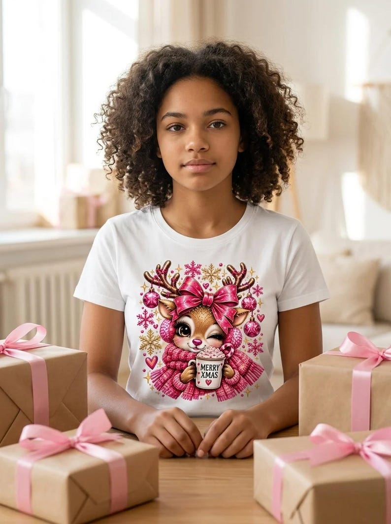 May include: A white short-sleeved t-shirt featuring a graphic of a cartoon reindeer wearing a pink scarf and bow, holding a mug with the text MERRY XMAS. The design includes pink and gold snowflakes and ornaments surrounding the reindeer.