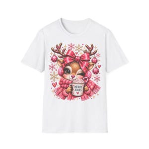 Merry Xmas Reindeer Shirt Pink, Cute Christmas Shirt for Women with Bow image 2