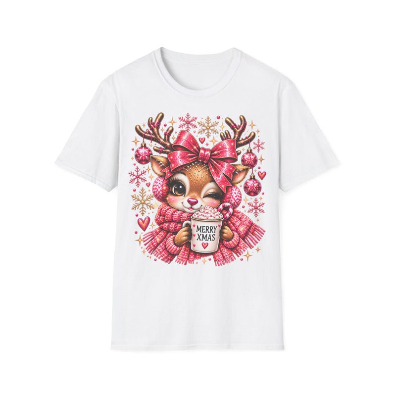 Merry Xmas Reindeer Shirt Pink, Cute Christmas Shirt for Women with Bow image 2