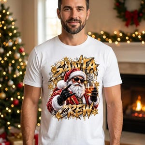 Santa Crew Shirt, Santa Claus with Drink Christmas Shirt Gold for Men image 1