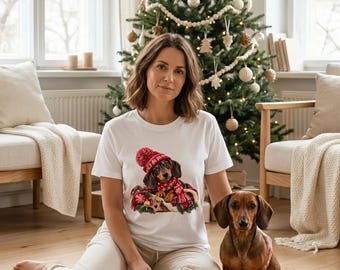 Dackel Weihnachtsshirt mit Mütze und Schal, Hundeliebhaber Geschenk Weihnachten