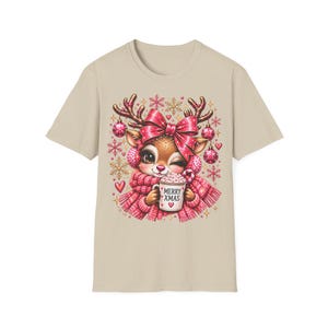 Merry Xmas Reindeer Shirt Pink, Cute Christmas Shirt for Women with Bow image 4