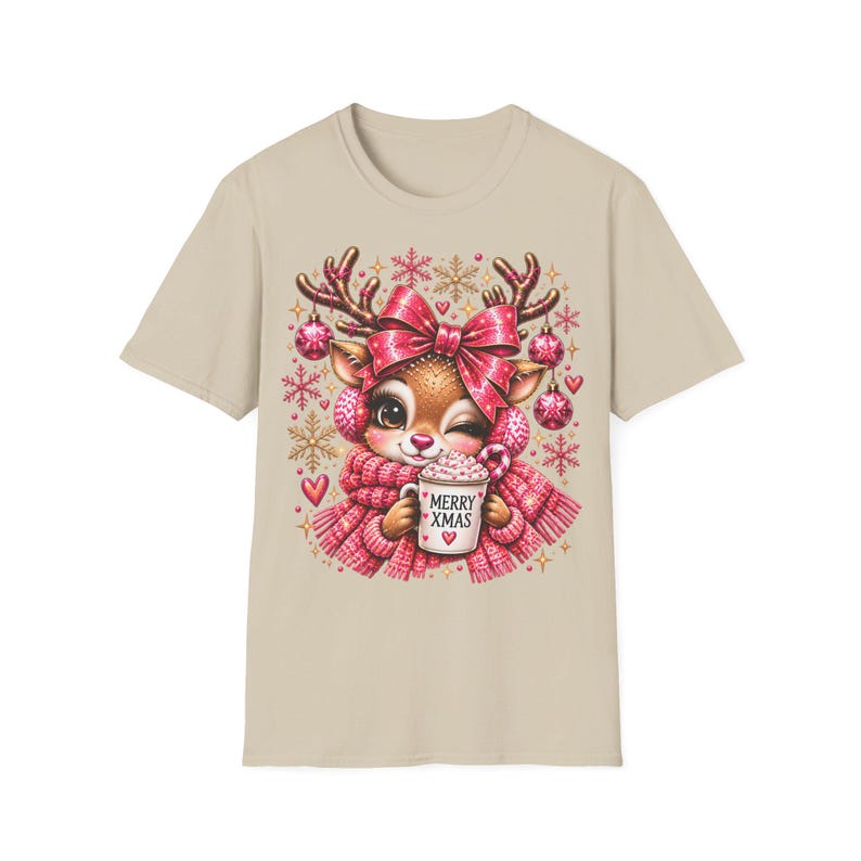 Merry Xmas Reindeer Shirt Pink, Cute Christmas Shirt for Women with Bow image 4