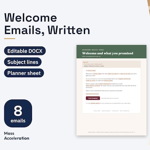 May include: A digital template set titled Welcome Emails, Written featuring eight email drafts, editable DOCX files, subject lines, and a planner sheet. The document preview shows a welcome email template with placeholders for store name and incentives.