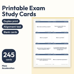 May include: Printable exam study cards featuring 245 cards for mass acceleration. The document displays eight rectangular cards with project management questions, including topics like project versus operations, programs, portfolios, and organizational structures.