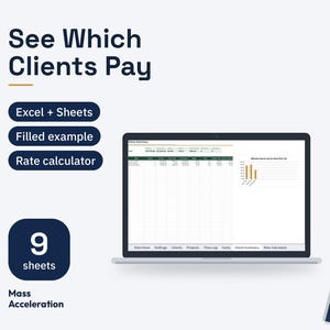 May include: A digital spreadsheet template for tracking client payments, featuring a laptop displaying a client summary dashboard with charts. Text includes See Which Clients Pay, Excel + Sheets, Filled example, Rate calculator, 9 sheets, and Mass Acceleration.