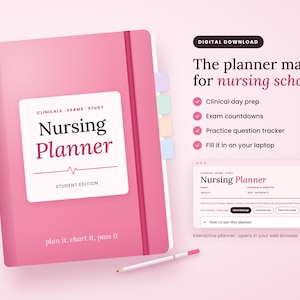 May include: A pink digital nursing planner with a white cover label reading Nursing Planner Student Edition, clinicals, exams, study, and plan it, chart it, pass it. Includes a browser-based interactive planner interface and a white stylus pen.