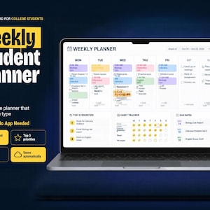 May include: A laptop screen displays a Weekly Student Planner with a color-coded schedule, habit tracker, and due dates. Text on the left reads: Digital Download for College Students, Weekly Student Planner, Interactive - No App Needed.