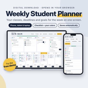 Weekly Student Planner Digital, Interactive Assignment Tracker, Due Date Planner for College, Homework Organizer, Phone & Laptop