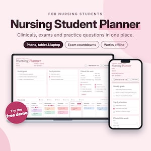 Nursing Student Planner, Interactive Digital Planner for Nursing School, Clinical Tracker, Exam Countdown, Pink Weekly Planner