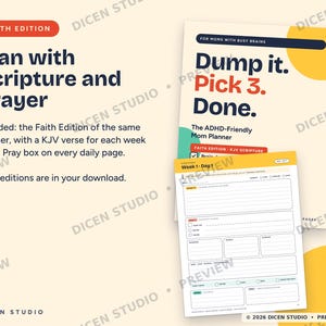 Puede incluir: Un conjunto de planificadores digitales que incluye una portada titulada Dump it. Pick 3. Done. The ADHD-Friendly Mom Planner, Faith Edition, y una página de planificación diaria con secciones para tareas, oración y horarios, en tonos crema, amarillo y verde azulado.